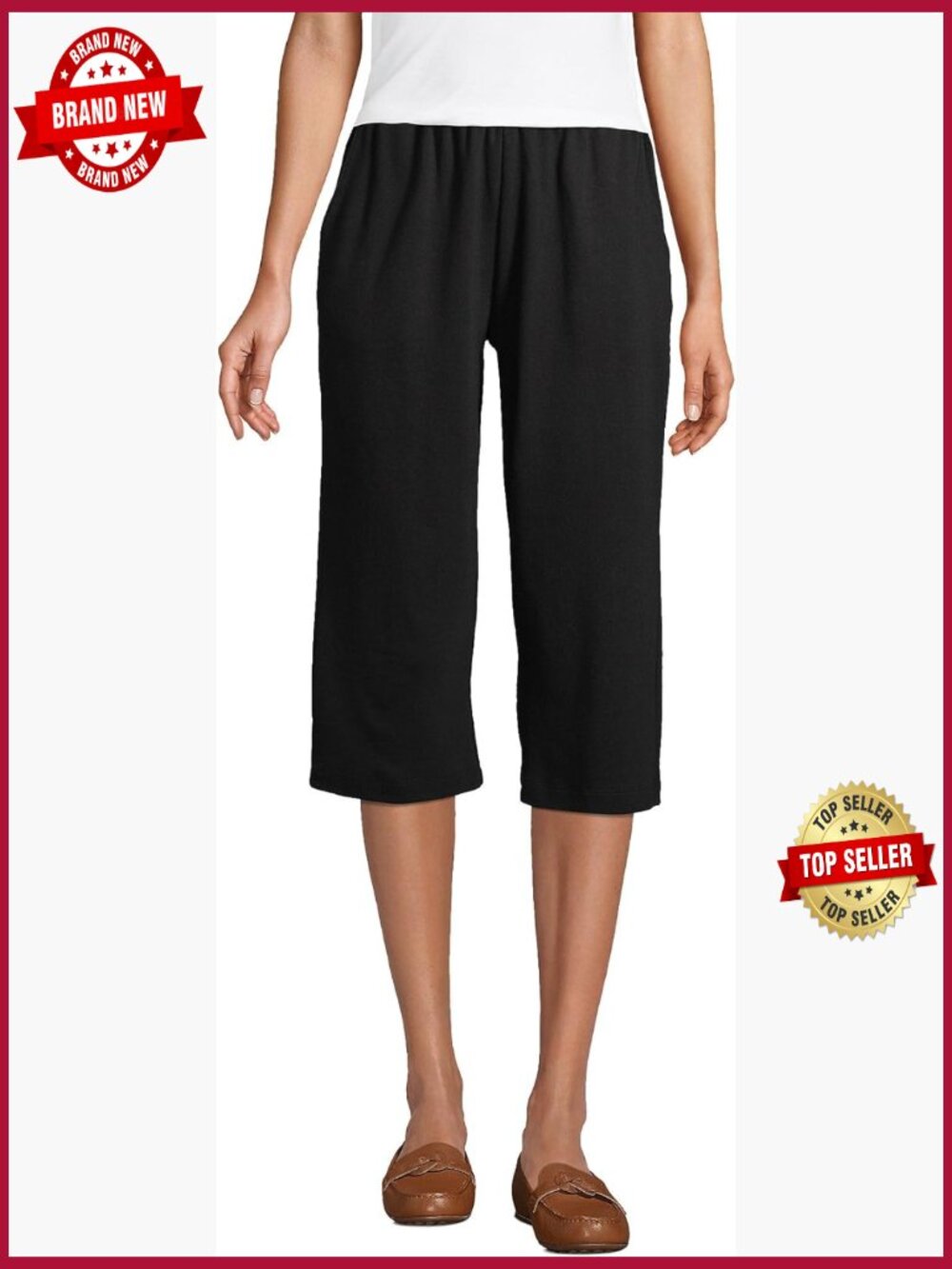 High Rise Elastic Waist Capri Pants - Cotton Stretch Knit